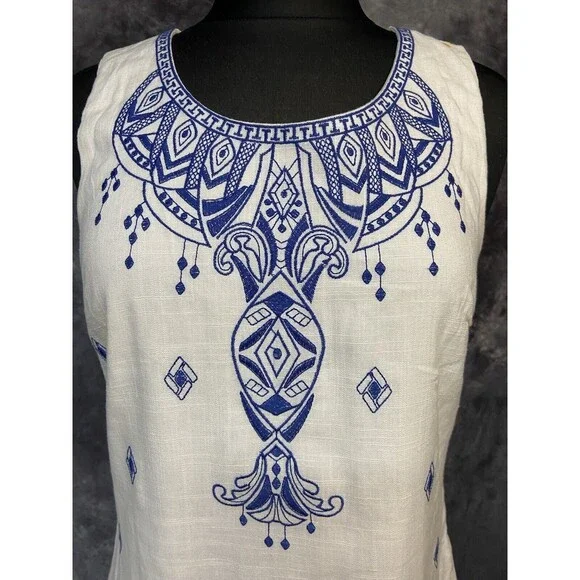 Soieblu Sz Medium Ivory/Blue Boho Embroidered Linen Blend Shift Dress - Picture 2 of 4